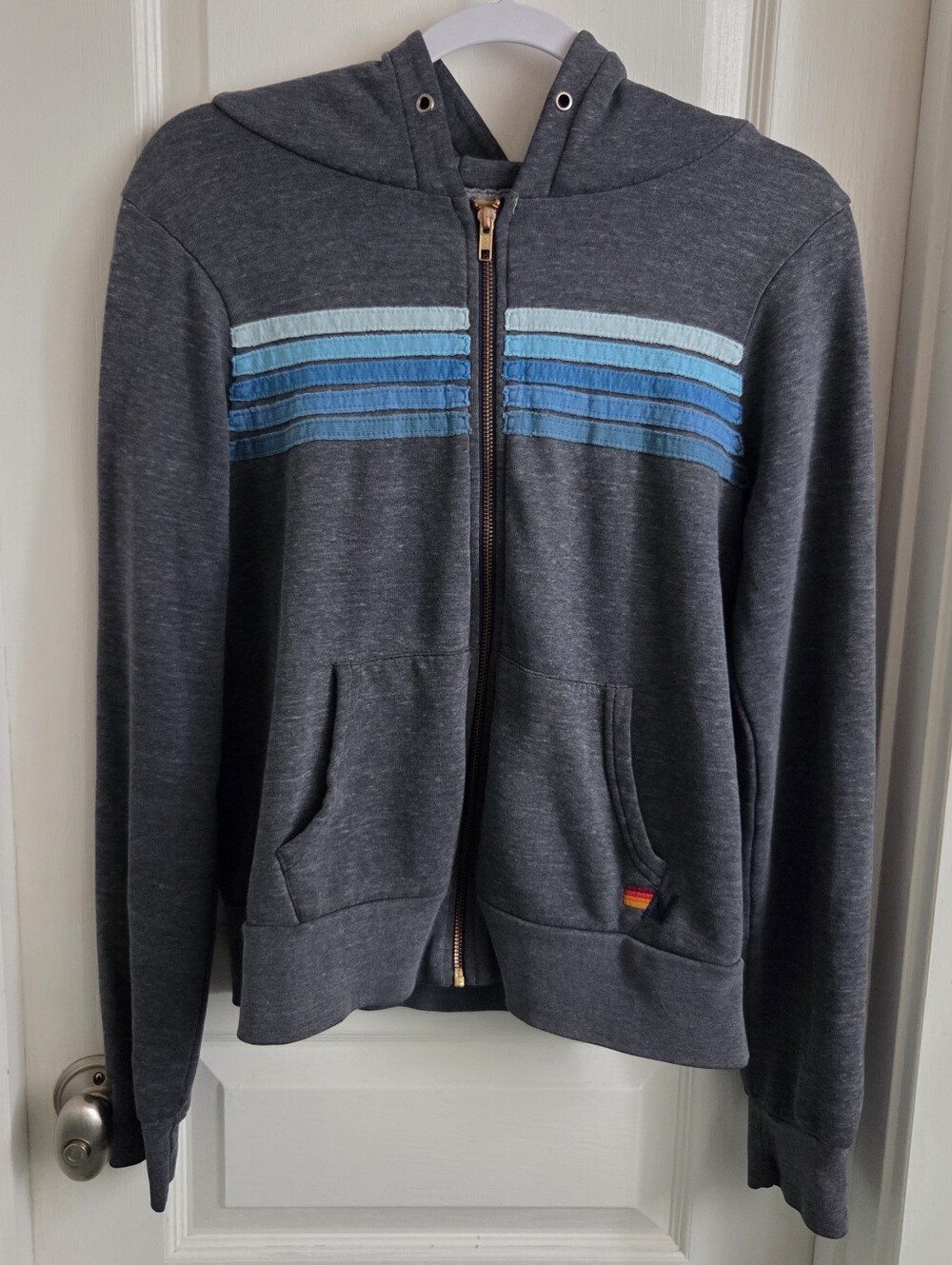 Aviator Nation Charcoal Hoodie with Blue Stripes Women Small